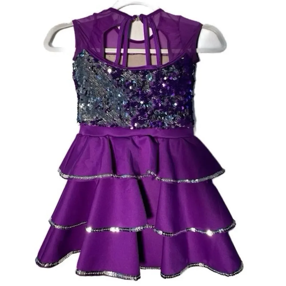 Weissman Purple Sequin Kids tiered dance dress Costume with small flaw Size IC